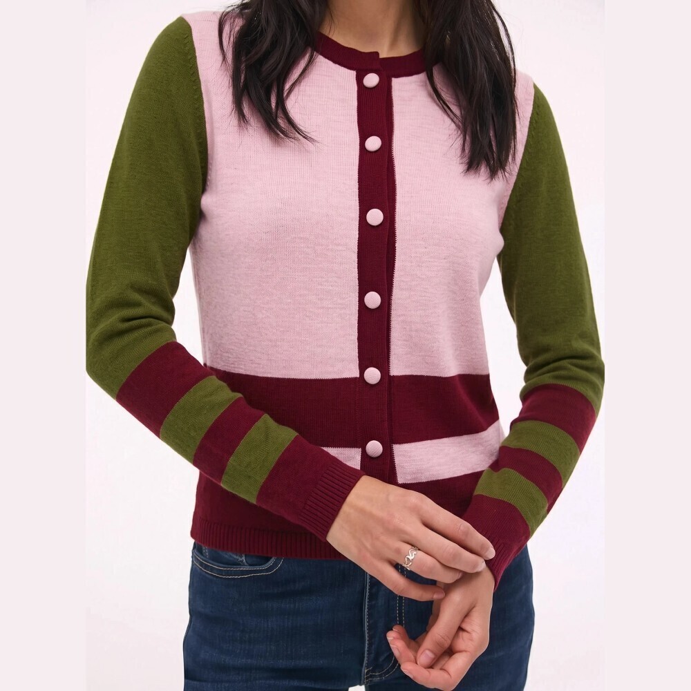 Pink Green Colorblock Collegiate Striped Cuff Button Front Knit Cardigan